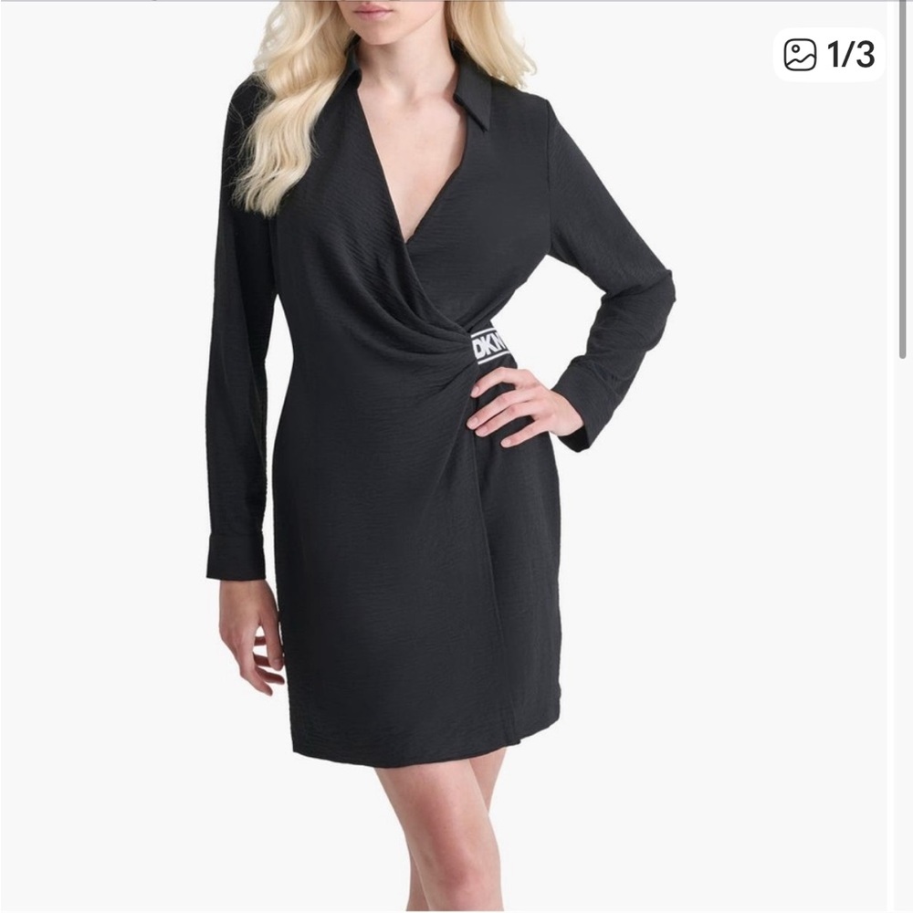 DKNY Black Long Sleeve Faux Wrap Dress